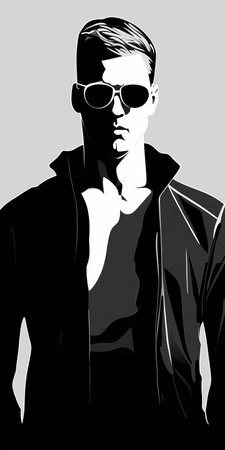 a man in sunglasses stands out against a grey background, resembling a fashion-illustration. this black-and-white graphic captures the essence of celebrity image mashups, with bold contrast and a silhouette reminiscent of the styles of kieron gillen and george stefanescu. the artistic touch of michael cho is evident in this striking composition. ai generatedの素材