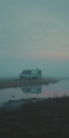 a grey van sits on a serene grassy field during the winter season. the photo captures the essence of ethereal minimalism, with its hyper-realistic water and nightscape ambiance. the van stands out, creating a poignant portrait against the backdrop of the dutch landscape. the use of ray tracing enhances the visual appeal, reminiscent of the vibrant colors found in fujifilm velvia. ai generatedの素材