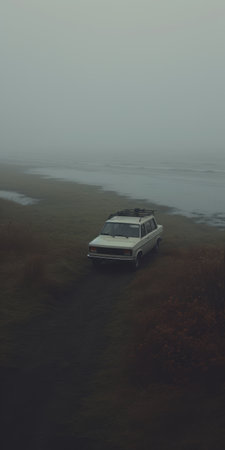 a small grey car is parked near a grassy area, enveloped in a mysterious fog. this captivating photo, reminiscent of jessica rossier's lively coastal landscapes and vintage aesthetics, evokes a sense of intrigue. the high horizon lines, inspired by lois van baarle's work, add depth to the scene. the supernatural atmosphere, akin to alasdair mclellan's style, creates an enchanting ambiance. ai generatedの素材