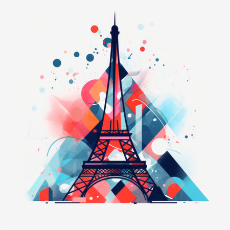 a geometric illustration of the eiffel tower in paris, featuring a vibrant color palette of light red and dark azure. this contemporary artwork showcases the influence of memphis design with its bold and bright compositions. the flowing silhouettes and modern graphic design aesthetics make this illustration a visually striking piece of art. ai generatedの素材