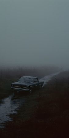 a car slowly moves through the mist and fog of foggy grass in ocotillo county, texas. the photo captures the essence of dark realism, with elements of moody tonalism and darkly romantic illustrations. the hauntingly beautiful narrative is enhanced by the presence of a classic american car, set against a backdrop of dark cyan and black, creating an eerily realistic atmosphere. ai generatedの素材