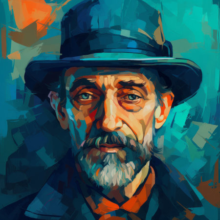 an abstract painting featuring an older man with a beard and hat, reminiscent of 2d game art. the vivid portraiture showcases a combination of light cyan and dark amber tones, creating a historical illustration vibe. the detailed character illustrations are reminiscent of neo-mosaic art, capturing the intense gaze of the subject. ai generatedの素材