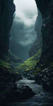 a cave with majestic mountains in the background, captured by johannes voss, the winner of the unsplash contest. this visually stunning photograph showcases the beauty of nature, with a touch of nostalgia. the front-facing perspective and sparsely populated surroundings add to the allure. perfect for a high-quality 4k vertical wallpaper on your phone. ai generatedの素材