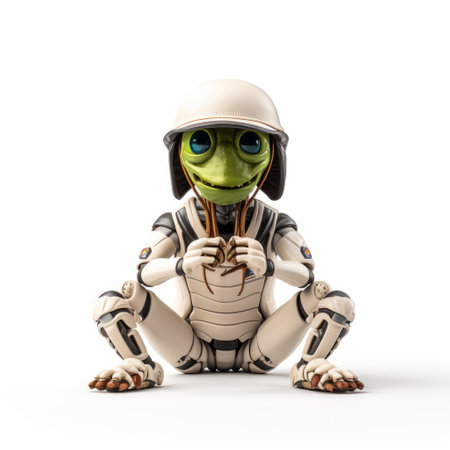 a 3d render of a robot frog, exuding a sense of quiet contemplation. this ivory-colored creation embodies post-apocalyptic futurism, with its gesture-driven movements and playful innocence. influenced by zen buddhism, this robot frog captures the essence of tranquility and is reminiscent of a captivating national geographic photo. ai generatedの素材