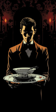 the photo showcases a captivating illustration inspired by frankfurt's horror film series. with its art nouveau style, high contrast lighting, and extravagant table settings, the image exudes a unique blend of elegance and darkness. the simplistic vector art adds a touch of modernity, while the supernatural realism and digitally enhanced details bring the illustration to life. ai generatedの素材