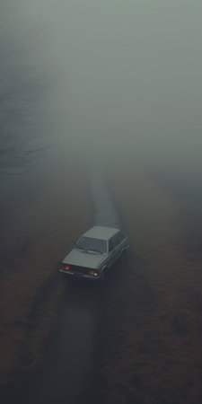 a car parked on the road, enveloped by trees, creates an ethereal horror ambiance in this minimalist imagery captured by antanas sutkus. the mist adds to the haunting atmosphere, reminiscent of the works of gustave buchet. shot with a konica auto s3 camera, this 8k photo showcases the beauty of nature and the eerie allure of the scene. ai generatedの素材