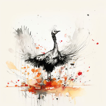 thanksgiving-themed minimalist ink drawing by tsutomu nihei. vanishing point on white paper creates a dynamic one-line art. watercolor splashes incorporated as complementary elements. high details and high-quality image in 4k resolution. ai generatedの素材