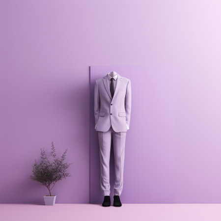 a man in a suit stands confidently against a vibrant purple wall adorned with a plant. the photo showcases a pastel color scheme, with detailed attention given to the man's costume and fashion. the 3d effect adds depth to the minimalist still life composition, while the orderly arrangement and monochrome hues create a visually striking image. the forced perspective adds an intriguing element to theの素材