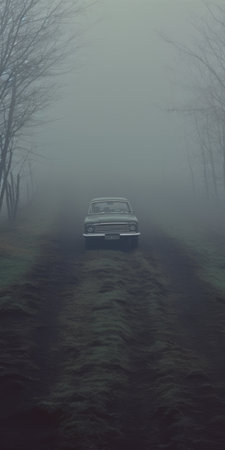 a haunting portraiture of a white car on a foggy road, capturing the essence of vintage imagery. the dark green and gray tones add to the eerie atmosphere, while the sparse and simple composition enhances the sense of mystery. this photograph by kevin hill evokes a nostalgic rural life depiction, with a touch of a demonic presence. ai generatedの素材