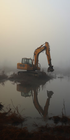 a misty atmosphere surrounds a dirt road running alongside a serene river, where a large tractor stands as part of a conceptual installation. the scene is adorned with sculptures of destroyed gadgets in dark orange and yellow hues, creating a reflection and mirroring effect. the installation creator's unique style embraces the essence of cabincore. ai generatedの素材