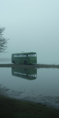 a green bus, reminiscent of the western zhou dynasty, is parked on the serene shore of a mist-covered pond. captured through a wide-angle lens, this minimalist surrealist photograph showcases the influence of the dusseldorf school of photography. the dark gray and light aquamarine tones create a reflective and ethereal atmosphere, mirroring the tranquility of the scene. ai generatedの素材