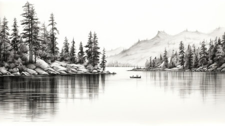 an acrylic painting on canvas by caro depicting a beautiful black and white landscape. the artwork is done in the style of stephanie pui-mun law, featuring calm waters and realistic graphite drawings. it is digitally enhanced, reminiscent of the whistlerian style, with elements of ink and wash techniques seen in the works of willard metcalf. ai generatedの素材