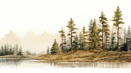 a realistic rendering of a river and trees in the hills, captured in the light amber and gray hues. this stunning watercolor artwork, created by the talented artist stephen shortridge, showcases the beauty of wilderness and coastal scenes. with its 8k resolution, every detail of this mesmerizing piece comes to life, immersing viewers in the tranquility of nature. ai generatedの素材