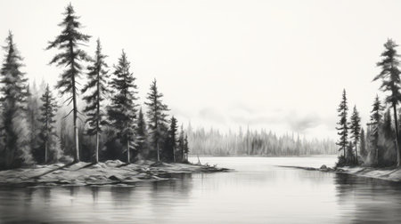 a black and white digital illustration by eugene tertychnyi, depicting a serene wooded area in the style of calm waters. this whistlerian artwork showcases realistic landscapes with soft, tonal colors. with an impressive 8k resolution, it captures the beauty and tranquility of the wilderness. ai generatedの素材