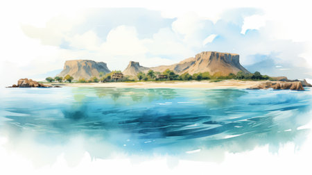 tropical painting featuring majestic mountains reflected in the water. this artwork showcases the architectural illustrator's talent in creating panoramic watercolor illustrations. inspired by the desertwave and art of tonga, this historical illustration captivates with its aquamarine hues. ai generatedの素材