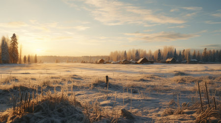 the frozen forest scene captures the beauty of nature with wooden chalets in the distance. this 32k uhd photograph showcases a golden light that adds a touch of warmth to the frozen landscape. inspired by the works of elsa bleda, anton mauve, and bjarke ingels, this image is a celebration of rural life. the use of vray enhances the visual appeal of the scene. aiの素材