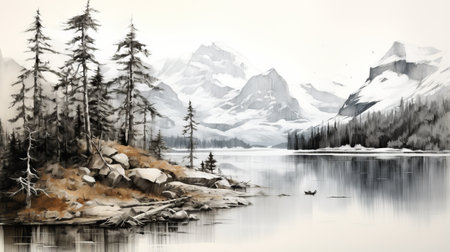 a painting by david nordahl showcasing serene and tranquil scenes of mountains and water. this black and white realism artwork is digitally enhanced, reminiscent of whistlerian style. the light gray and amber tones create a calming atmosphere, while the detailed sketches capture the beauty of nature. ai generatedの素材