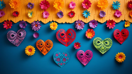 colorful paper mexican banner and banner, serving as valentine's day elements decorations, create a vibrant background for cards, weddings, or parties. the style of intricate woodwork adds a minimalist still life touch to the photo, while the color photography pioneer captures the lively tableaus. inspired by folklore, this photo showcases subtle yet captivating transavanguardia aesthetics. ai generatedの素材