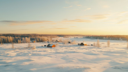 four small huts are nestled amidst a snow-covered landscape and towering mountains in this helsinki school-inspired photo. the image captures the silhouette of the sun, adding a touch of warmth to the otherwise cold scene. depicting rural life, the composition showcases a simple yet captivating beauty. the color palette features light aquamarine and gold tones, as well as hints of light red and gold, creatingの素材
