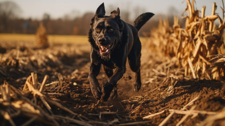 a dog with dark fur and no spots is seen running through a tilled wisconsin field in this dramatic and sharply focused photograph. the medium-sized dog has a side profile close-up, with its entire body centered on the screen frame. the image is beautifully color-graded and showcases extreme details, giving it a hyper-detailed and cinematic look. ai generatedの素材