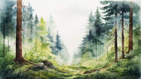 a watercolor painting of a forest with a creek and a small wooden path. the background is done in watercolor, creating a misty atmosphere. the style of the painting is reminiscent of monumental ink paintings by artists like eugene tertychnyi and miwa komatsu. the scene captures the beauty of norwegian nature and is a joyful celebration of the wonders of the natural world. ai generatedの素材