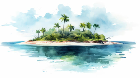 a watercolor island by the sea, created in the style of digital painting and drawing, captures the enigmatic beauty of the tropics. this artwork showcases the art of the ivory coast, with its simple yet colorful illustrations. the high-definition image features inkblots that add an intriguing touch to the environmental portraiture. ai generatedの素材