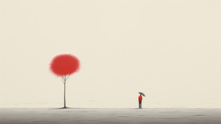 a girl with a red leaf over her head is depicted in this minimalist monochromatic landscape illustration. the rough-edged 2d animation style adds a unique touch to the digitally enhanced artwork. the illustration showcases elements of mori kei fashion and punctuated caricature, while the flattened perspective enhances the overall aesthetic. ai generatedの素材