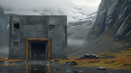 a hidden installation nestled in the arctic region of esvalva, norway, known as the world seed bank. the scene captures a guarded entrance, shrouded in mystery and secrecy, where a select few ensure the safety of global seeds in the event of a catastrophe. ai generatedの素材