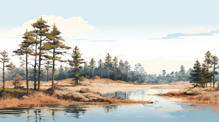 a digital illustration depicting a serene pine forest with water, showcasing detailed hunting scenes. the painting captures the essence of rural landscapes with its light brown and sky-blue hues, evoking a sense of tranquil solitude. this stunning illustration beautifully merges the beauty of nature with the artistry of digital techniques. ai generatedの素材