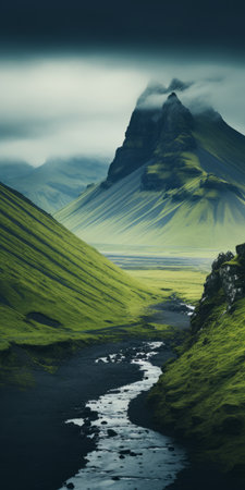 a stunning photograph captured by johannes voss, showcasing a river flowing through a picturesque landscape with majestic mountains in the background. this visually captivating image, which won the unsplash contest, exudes nostalgic vibes and offers a front-facing perspective. with its high-quality 4k resolution, it is perfect as a vertical wallpaper for your phone. the sparsely populated icelandic swamp adds to the allure of this remarkableの素材