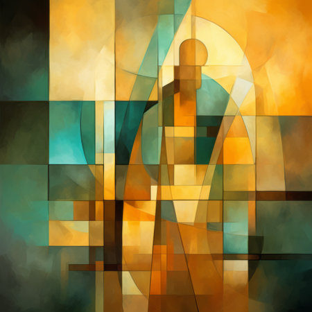 a colorful abstract painting in the style of soft cubism, featuring dark cyan and light amber hues. the artwork showcases silhouette figures inspired by christian art and architecture, with classical proportions. the use of split toning adds depth and dimension to the piece, while religious symbolism adds a deeper meaning. ai generatedの素材
