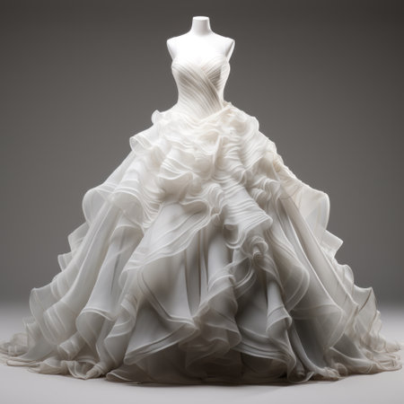 a stunning white wedding gown made of richly colored, translucent overlapping fabric. the gown features an ambient occlusion and extruded design, giving it a unique and intricate look. the baroque madness and smokey background add an element of mystery and elegance to the overall composition. created using zbrush. ai generatedの素材