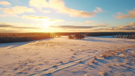snow covers a picturesque country field at sunset in this stunning stock photo (67477918). captured in the style of 32k uhd, the aerial view showcases the beauty of the isolated landscape. inspired by the works of tyko sallinen, the image evokes poetic pastoral scenes with its light amber and cyan hues. experience the tranquility of this 8k masterpiece. ai generatedの素材