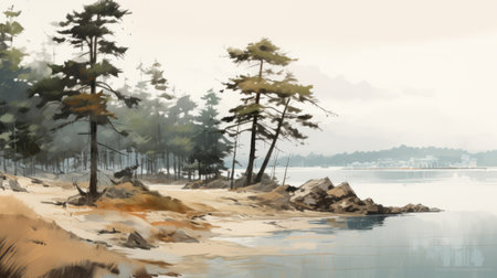 the painting depicts a serene mountainside near the shore, created in the style of digital painting. with a muted palette and eastern brushwork, the artwork showcases its beauty in 8k resolution. the fusion of forestpunk and aquarellist techniques adds depth and uniqueness to the piece, reminiscent of xbox 360 graphics. ai generatedの素材