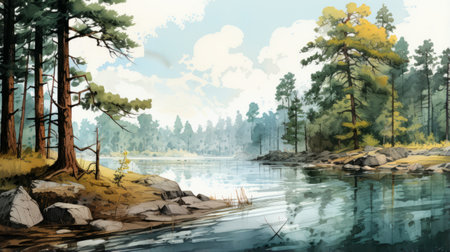 a serene riverside scene captured in the style of 2d game art, this painting showcases the beauty of nature with its high level of detail. with an 8k resolution, the beige and aquamarine tones create a calming atmosphere. this environmental portraiture transports viewers to a wilderness setting, immersing them in the tranquility of the scene. ai generatedの素材