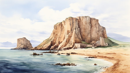 the photo captures the rocky coast of finland's eastern side, resembling the style of realistic watercolor paintings. the terrain resembles that of northern china, with hints of persian miniature art and elements of transavanguardia. the illustration showcases monumental murals, predominantly featuring shades of light brown and cyan. ai generatedの素材