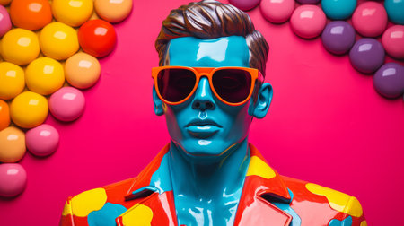 a close-up photo of a man wearing a colorful suit, surrounded by bright colored balls. this conceptual image, created in the style of realistic hyper-detailed portraits, captures the essence of synthwave. the man's suit is sculpted and made of rubber, adding a unique texture to the composition. the overall image is characterized by a saturated color field, creating a visually striking and vibrant scene. aiの素材
