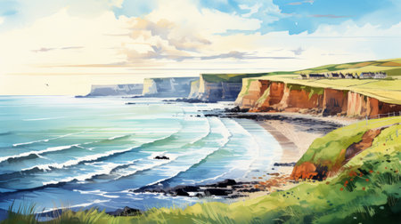 a photo of a lively coastal landscape featuring realistic waves with soft edges and flat shading. the style resembles traditional british landscapes, showcasing a hyper-detailed rendering. the image captures the beauty of the ocean with its magewave-like appearance, creating a captivating illustration of a vibrant coastal scene. ai generatedの素材