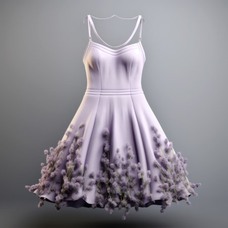 a dress featuring lavender flowers on the edge of a light stand, designed in a realistic hyper-detailed rendering style. this dress showcases elements of neo-plasticism with its soft tonal range. the uhd image quality and rtx technology enhance the visual appeal, while the use of intertwining materials adds depth and texture. perfect for reselling. ai generatedの素材
