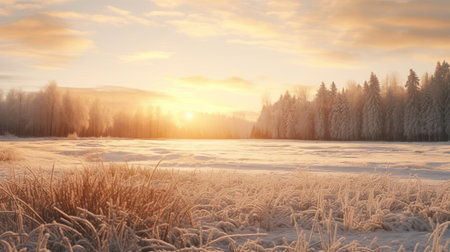 a stunning national geographic photo captures a dreamlike scenery of a frost-covered grass field, illuminated by the warm rays of the sun. the light beige and light amber tones create a realistic rendering of this moody tonalism scene, reminiscent of the artistic style of tyko sallinen. this 32k uhd image is a visual masterpiece. ai generatedの素材