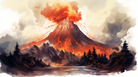 a stunning watercolor hd desktop wallpaper featuring a volcano with a majestic mountain, created in the style of realistic fantasy artwork by dmitry spiros. this artwork captures the raw vulnerability and explosive wildlife of nature, reminiscent of the hyper-detailed illustrations by charles e. burchfield. the voluminous mass of the volcano is beautifully depicted, making it a captivating and visually striking piece. ai generatedの素材