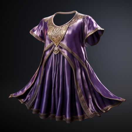 a stunning purple dress for character builders, featuring realistic hyper-detailed rendering and heavy metal embroidery. this uhd image showcases the dress's exquisite byzantine gold leaf accents and flowing fabrics. the realistic rendering captures every intricate detail of this captivating garment. ai generatedの素材