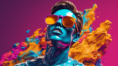 a man's face is captured in a photographically detailed portrait, filled with bright colors in the style of 8k 3d. the fluid color combinations create an epic portraiture, showcasing lively illustrations. the vibrant colorist has expertly used cyan and amber tones to enhance the overall visual impact of the image. ai generatedの素材