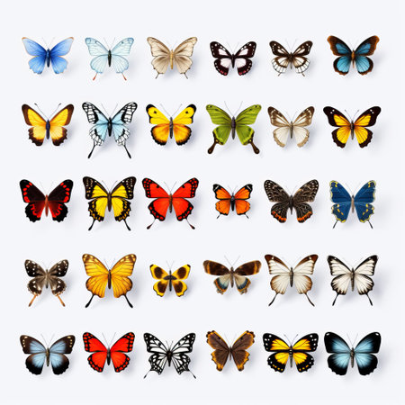a collection of colorful butterflies, perfect for desktop or vector use. these minimalist nature studies feature highly realistic and detailed flora and fauna. with focus stacking techniques, the butterflies are captured with accuracy and precision. the aerial view showcases the naturalistic light and shadow, making these butterfly specimens truly captivating. available for just 1 credit usd 1. ai generatedの素材