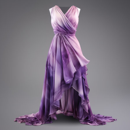 an elegant wedding dress in purple and blue, featuring a digital airbrushing style reminiscent of ren lalique. the flowing fabrics and asymmetric design create a soft and ethereal look. the dress is adorned with dark pink and purple accents, adding to its atmospheric effects. norah mcguinness's influence can be seen in the soft edges and overall artistic appeal of the dress. ai generatedの素材