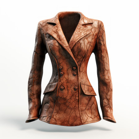 a 3d modeled brown leather coat with a cracked, weathered appearance is showcased in this photo. the feminine themes are enhanced by the orton effect, while the white background highlights the deteriorated yet stylish design. the use of natural fibers adds to the overall aesthetic of the coat. ai generatedの素材