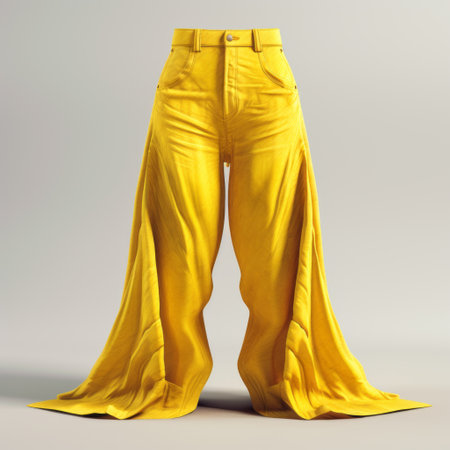 a woman wearing yellow pants is seated on a table in a daz3d style setting. the scene features flowing draperies and a combination of symmetrical asymmetry. the image showcases hyper-realistic details with a color palette of light yellow and light indigo. the composition draws inspiration from the works of jan pietersz saenredam, resulting in an androgynous aesthetic. ai generatedの素材