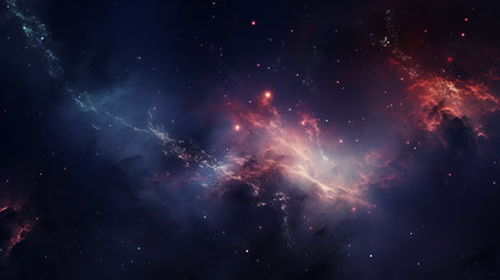 a photobashing style image featuring a vibrant nebula with stars and other nebulas. the color palette consists of light navy and crimson, creating a realistic and hyper-detailed rendering. the precisionism influence is evident in the richly detailed backgrounds and casts of spaces. this artwork can be found on furaffinity. ai generatedの素材
