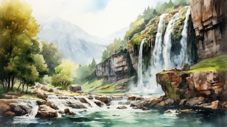 a painting of a desert scene landscape artwork featuring a majestic mountain with waterfalls. the artwork is done in watercolor, capturing the beauty of the waterfall in a tender depiction of nature. the style is reminiscent of cryengine, with influences from northern china's terrain. created by artists kevin hill and miwa komatsu, this uhd image showcases a whistlerian aesthetic. ai generatedの素材