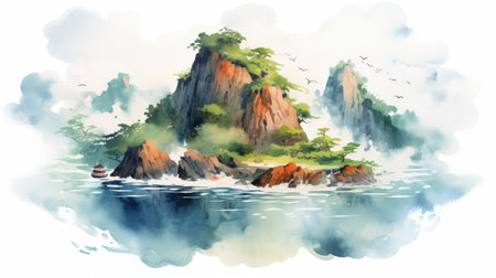watercolor illustration of an island with two small rocks in the water, inspired by traditional chinese landscape art. created by yanjun cheng, this artwork captures the essence of misty and lively nature scenes. the illustration showcases pixelated landscapes and broad palette knife marks, adding depth and texture to the composition. ai generatedの素材